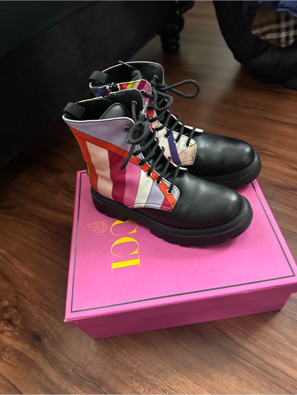 Emilio Pucci Black Leather Lace-Up Boots with Pink, Purple and Orange Stripes